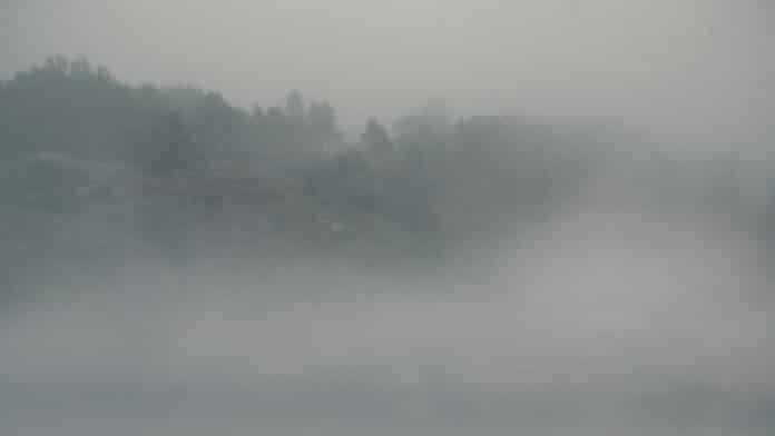 A view of foggy hills in the distance.